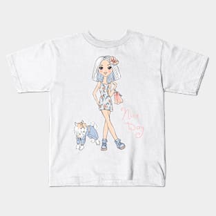 Girl in dress with dog Kids T-Shirt